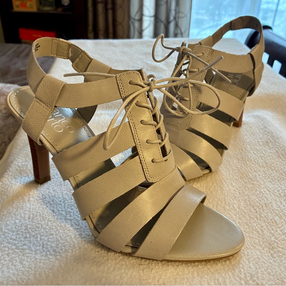 NWOT Franco Sarto Grey Leather Lace-Up Strappy Open Toe Heels Dress Event 7M